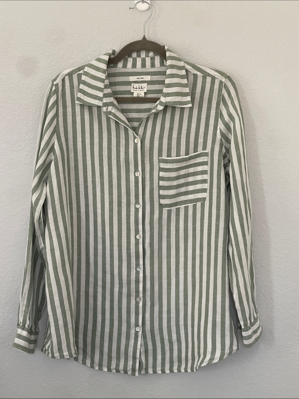 Nicole Miller New York Women 100% Linen Striped Button Down Shirt Green White L
